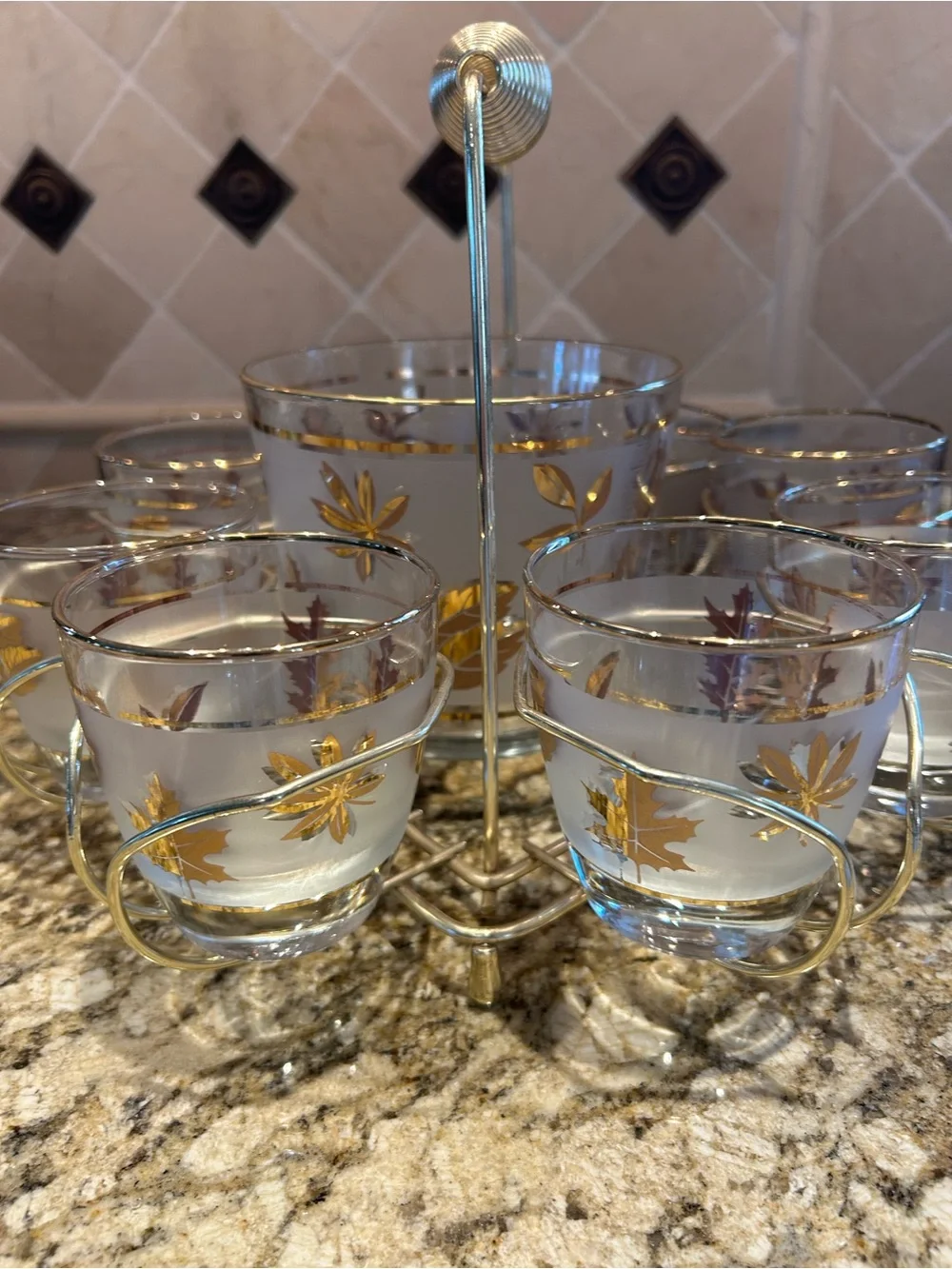 Vintage MCM Libbey Golden Foliage Set with 8 Glasses with Caddy & Ice Bucket.